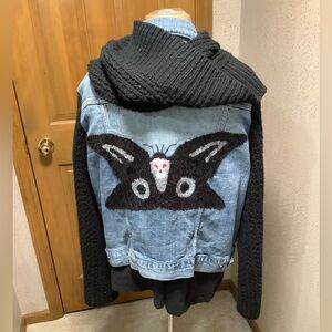 Hippie Laundry upcycled Denim Jacket with Black Knit sleeves and scarf.